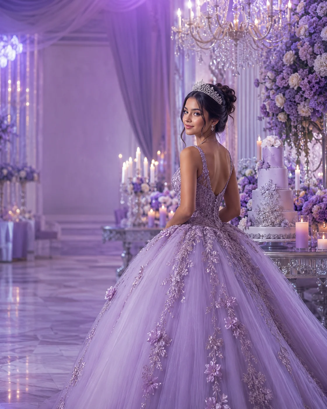 Festa de 15 anos com decoração em tons lavanda, lilás e prata