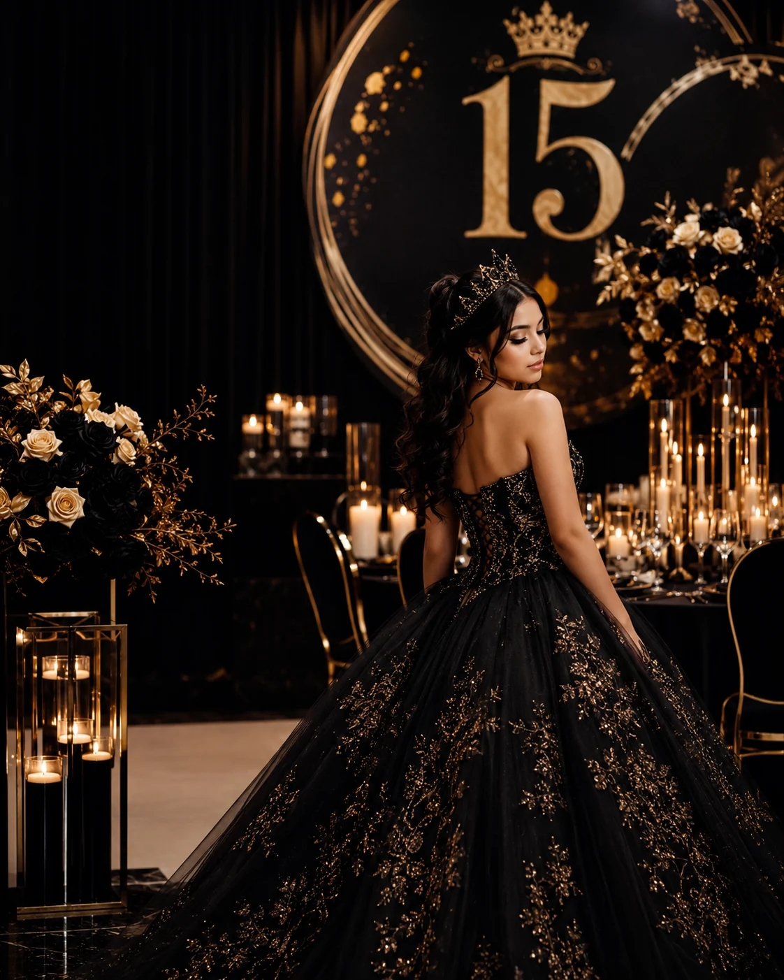 Festa de 15 anos sofisticada em preto, dourado e champagne