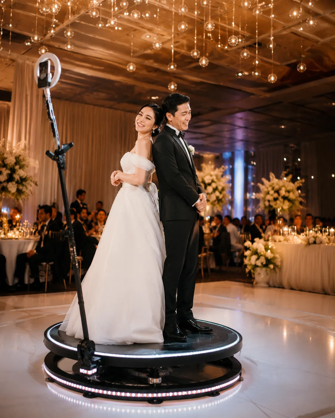 Casal usando Plataforma 360 em recepção de casamento
