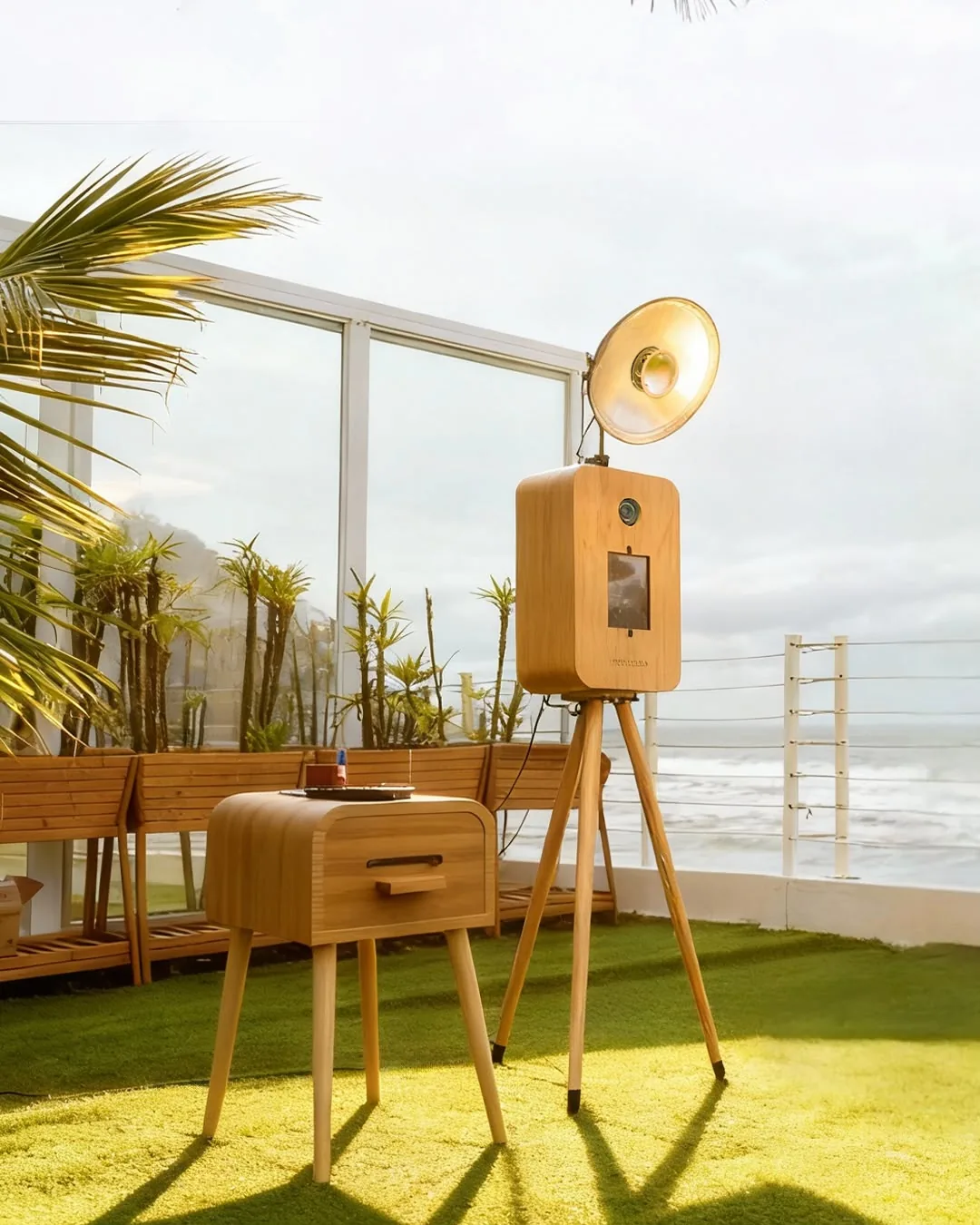 Totem fotográfico em acabamento amadeirado instalado em evento